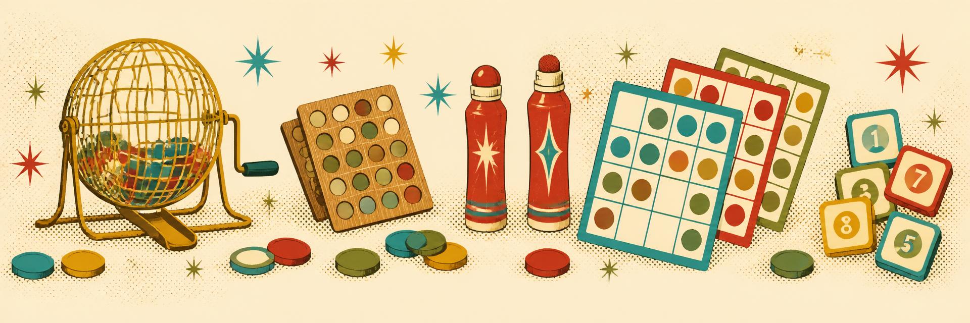 Decorative vintage bingo illustration with a bingo cage, cards, chips, and daubers.