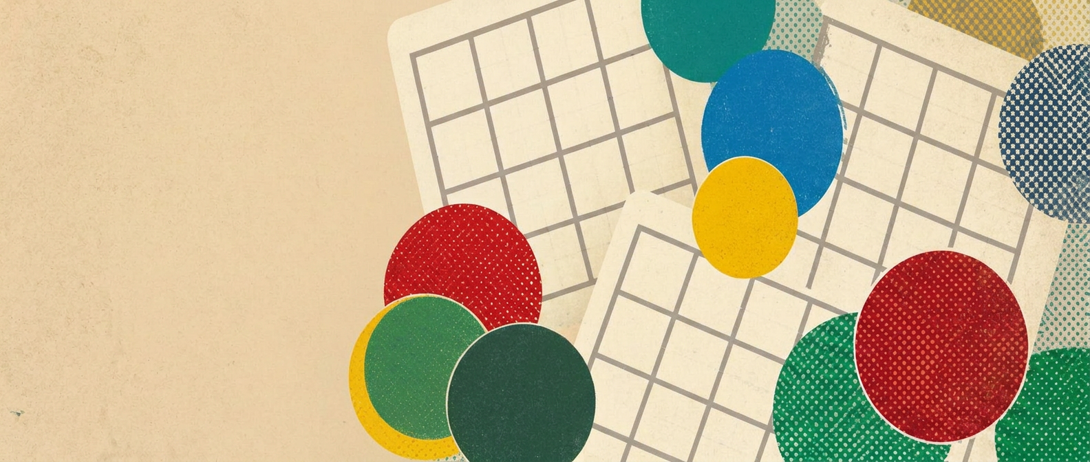 Illustration of printed bingo cards, a dauber, and bingo chips