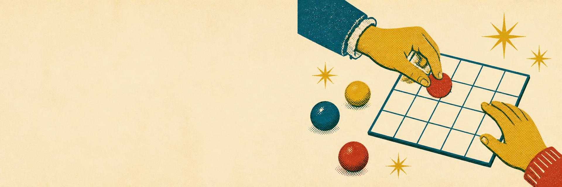 Vintage screenprint illustration of hands placing a marker on a bingo card