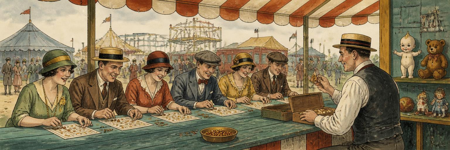 Players covering Beano cards with beans at a 1920s American carnival booth