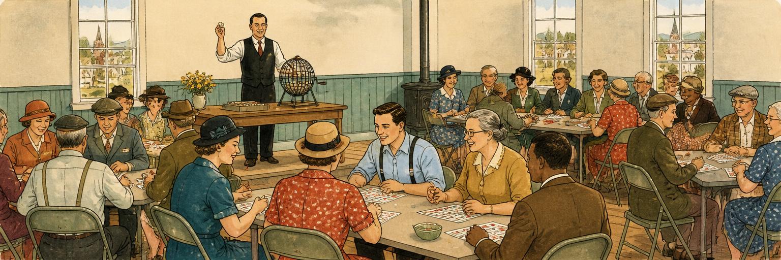 A 1930s church hall filled with neighbors playing bingo at a community fundraiser