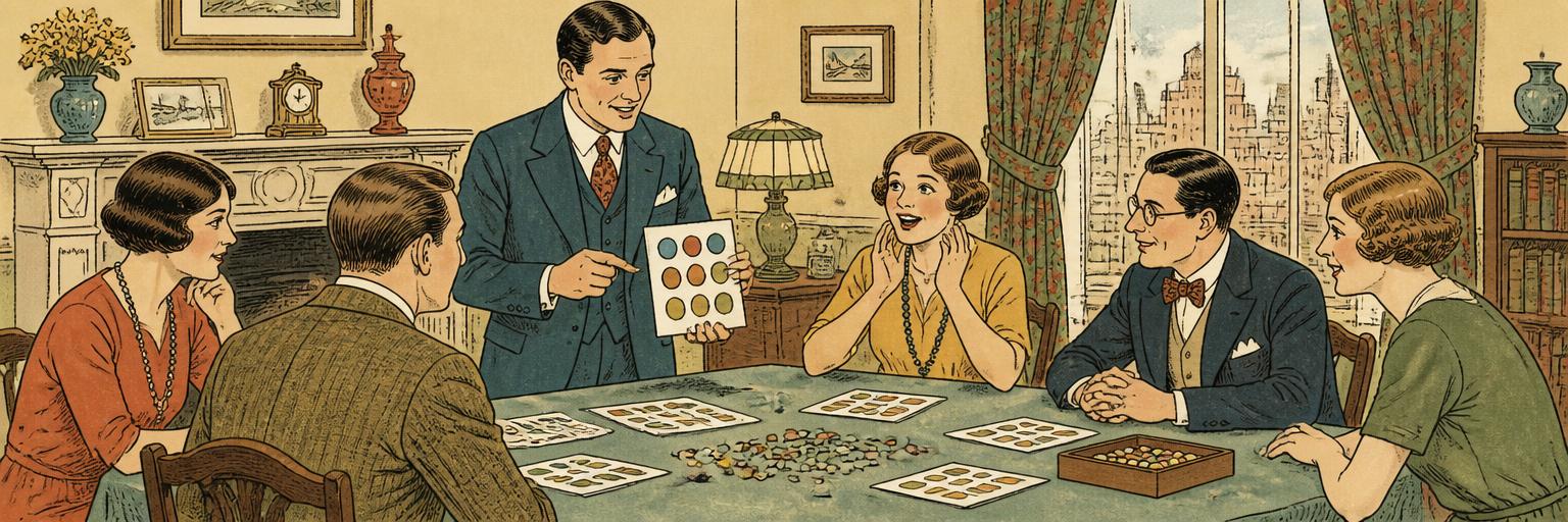 A 1929 parlor game demonstration with friends gathered around bingo cards
