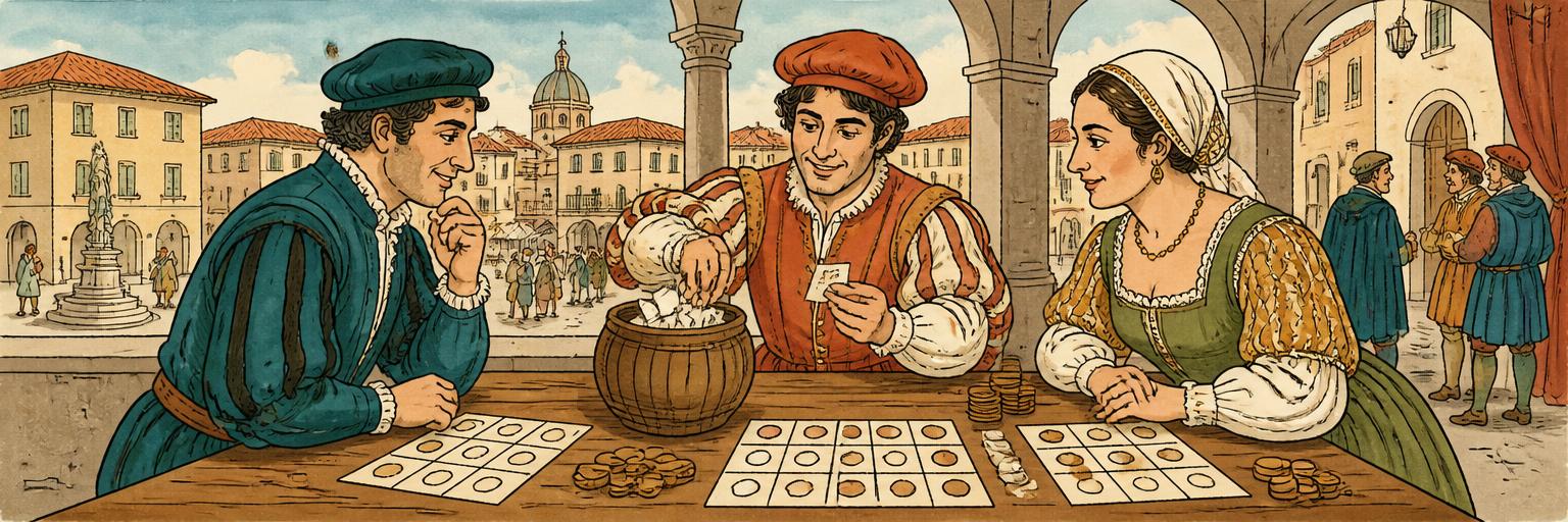 Sixteenth-century Italians drawing lottery slips and marking cards in a town loggia