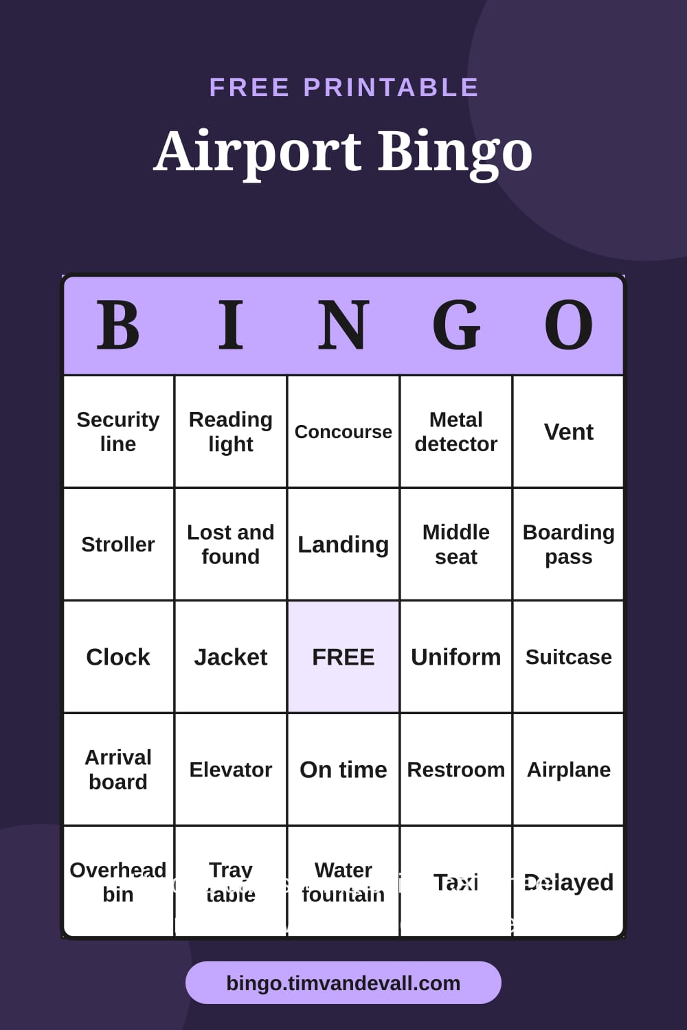 Sample free printable Airport Bingo card with a 5x5 grid and B-I-N-G-O header