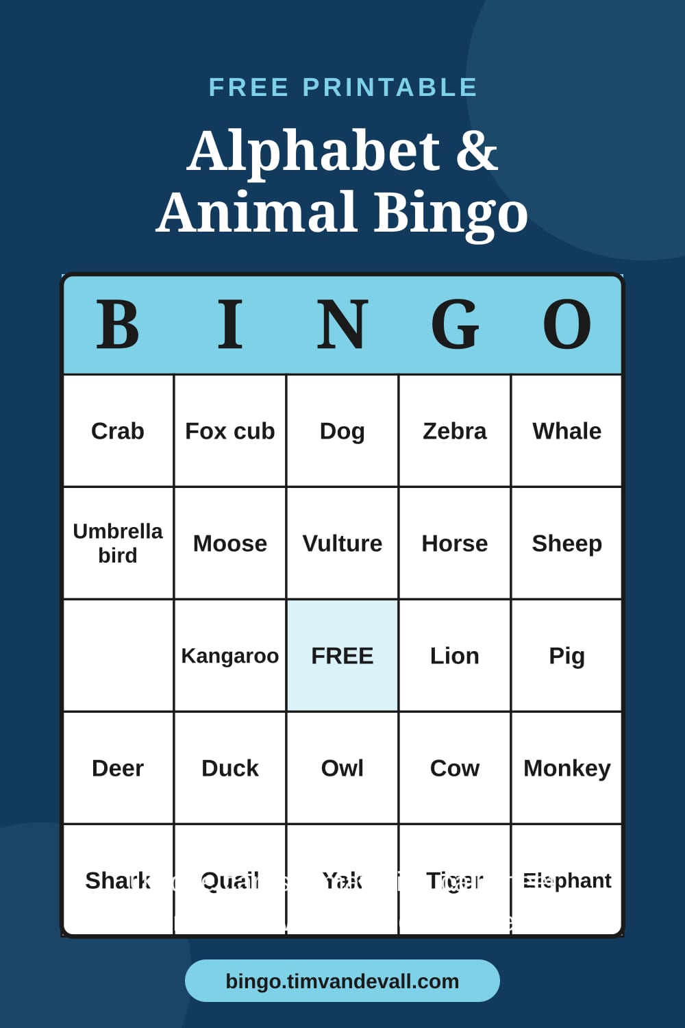 Sample free printable Alphabet and Animal Bingo card with a 5x5 grid and B-I-N-G-O header
