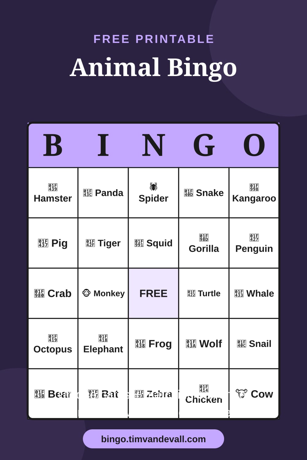 Sample free printable Animal Bingo card with a 5x5 grid and B-I-N-G-O header