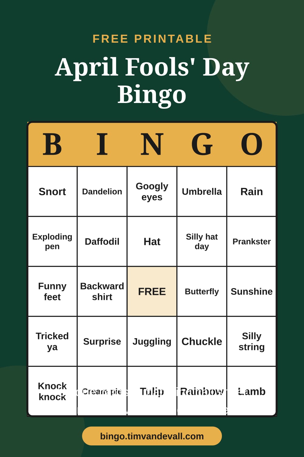Sample free printable April Fools' Day Bingo card with a 5x5 grid and B-I-N-G-O header