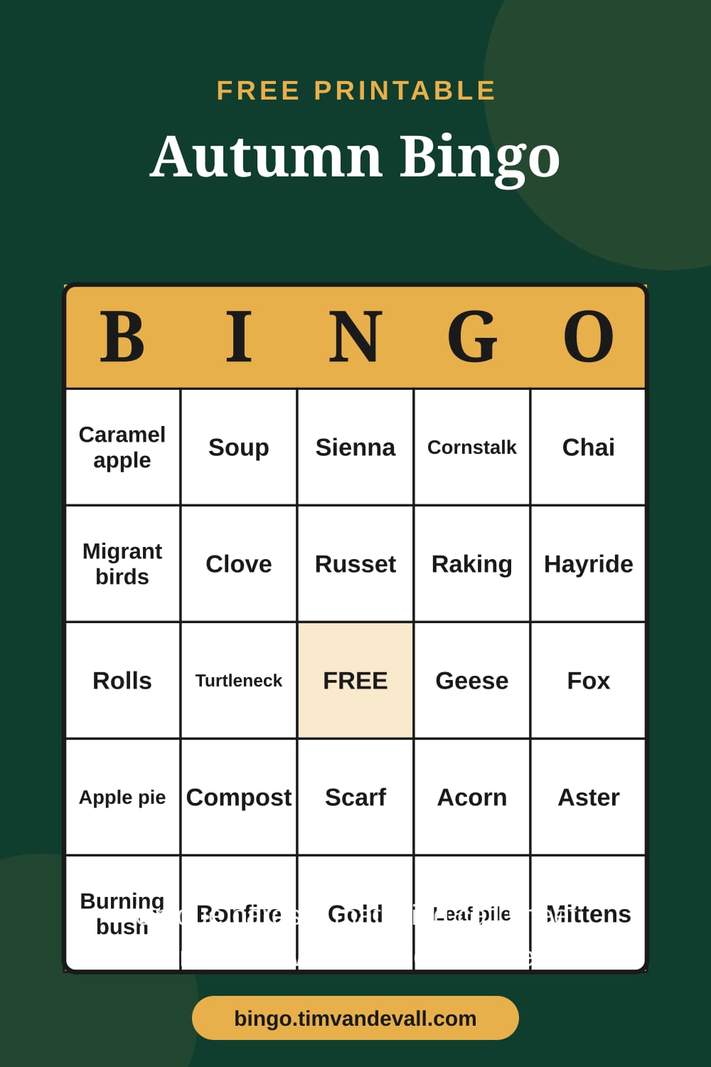 Sample free printable Autumn Bingo card with a 5x5 grid and B-I-N-G-O header