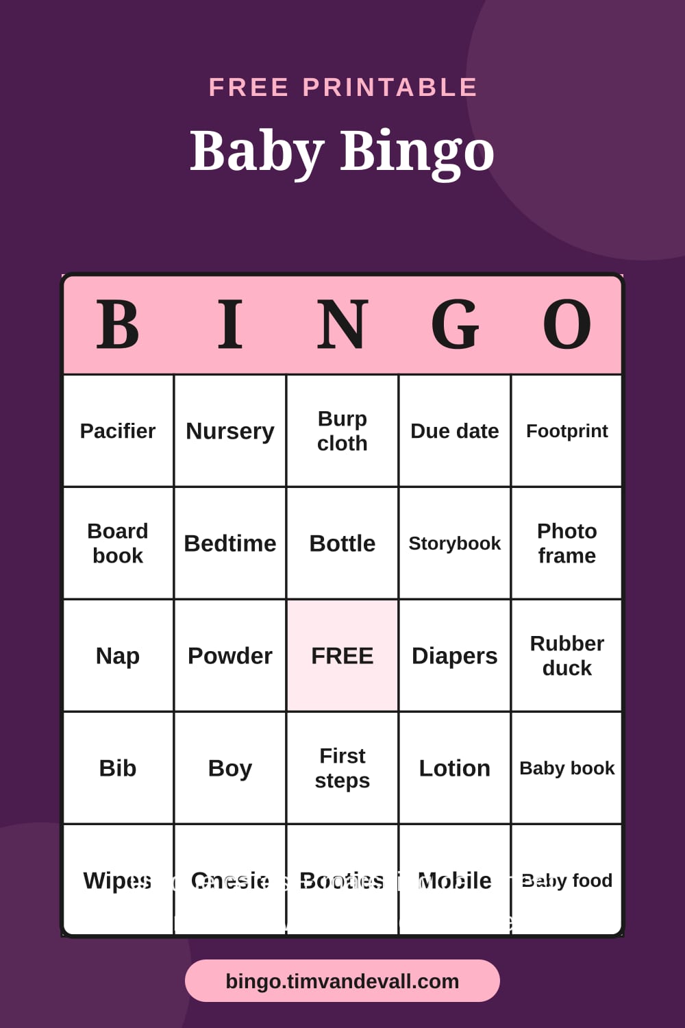 Sample free printable Baby Bingo card with a 5x5 grid and B-I-N-G-O header