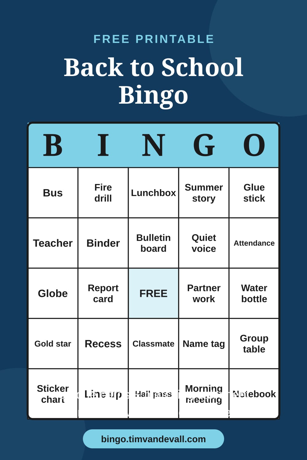 Sample free printable Back to School Bingo card with a 5x5 grid and B-I-N-G-O header
