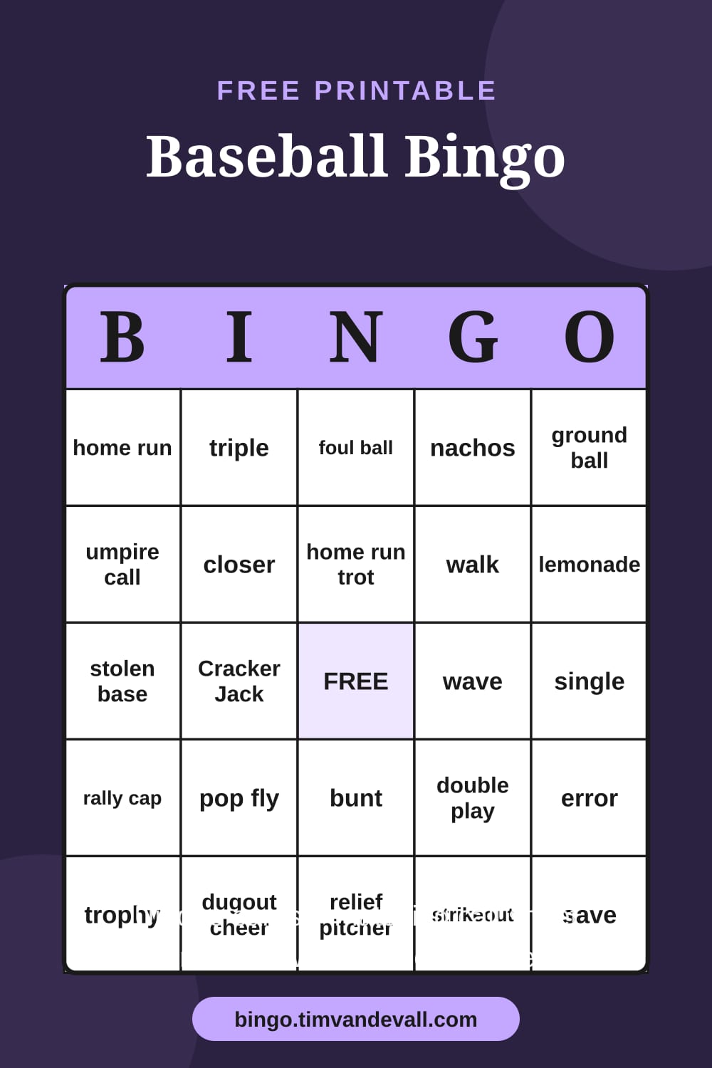 Sample free printable Baseball Bingo card with a 5x5 grid and B-I-N-G-O header