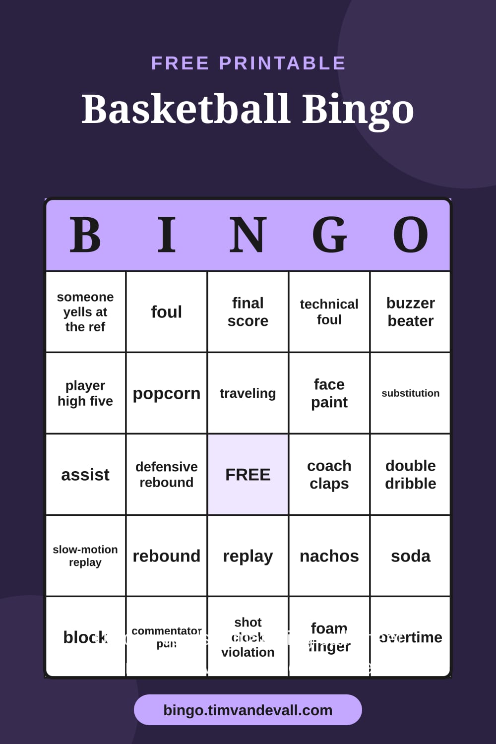 Sample free printable Basketball Bingo card with a 5x5 grid and B-I-N-G-O header