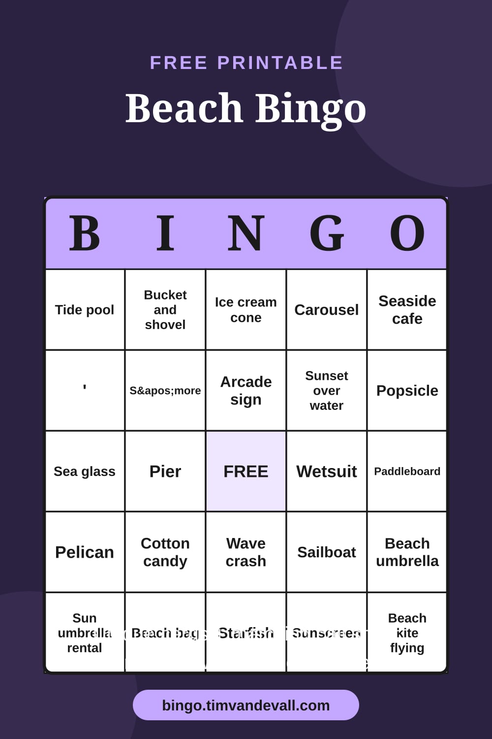 Sample free printable Beach Bingo card with a 5x5 grid and B-I-N-G-O header