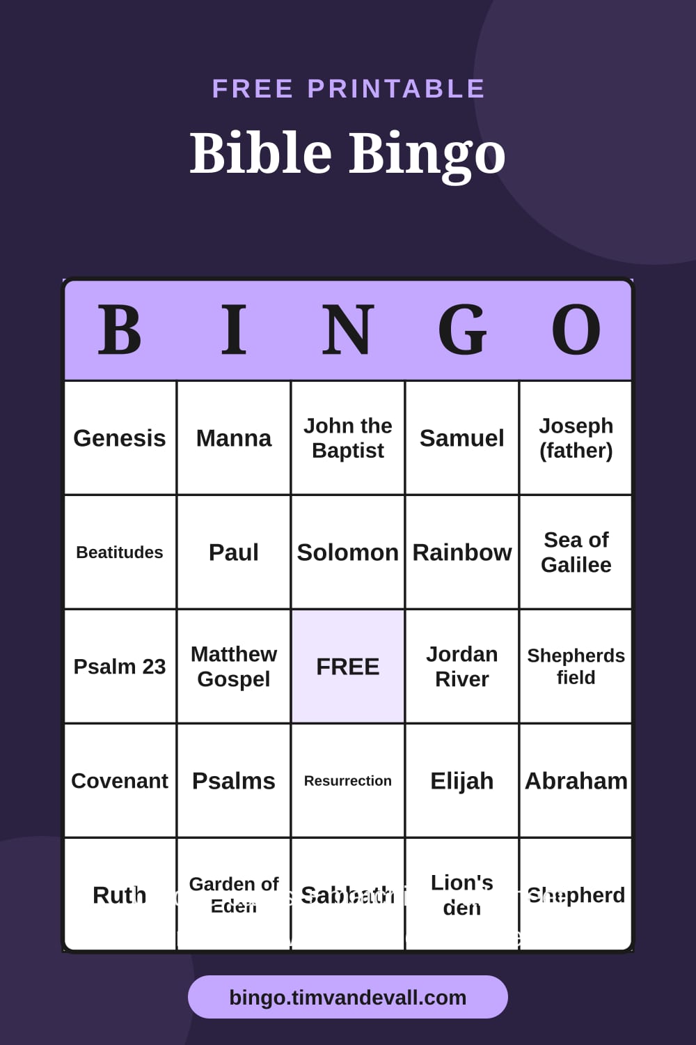 Sample free printable Bible Bingo card with a 5x5 grid and B-I-N-G-O header