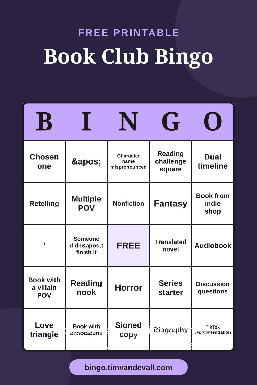 Sample free printable Book Club Bingo card with a 5x5 grid and B-I-N-G-O header