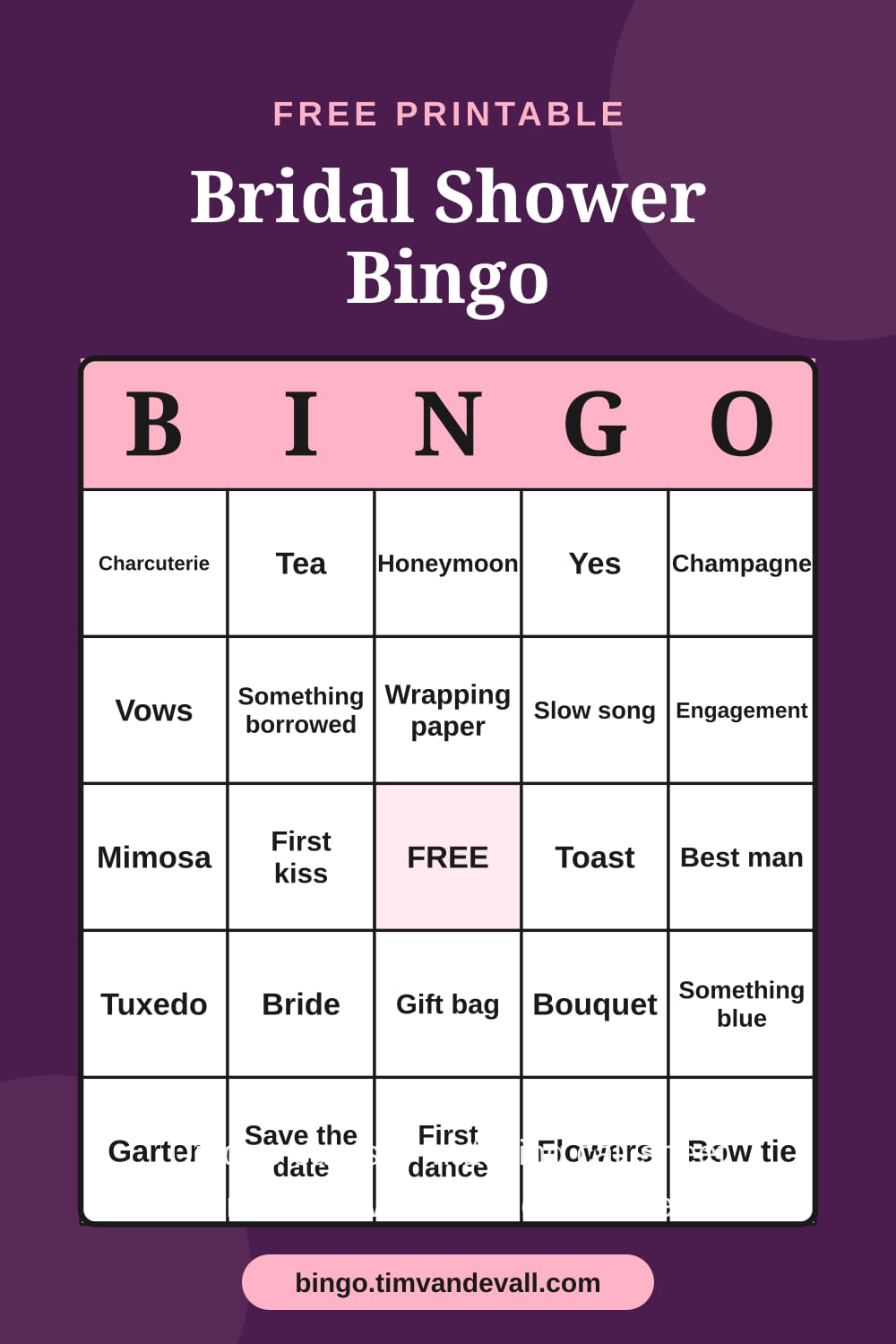 Sample free printable Bridal Shower Bingo card with a 5x5 grid and B-I-N-G-O header