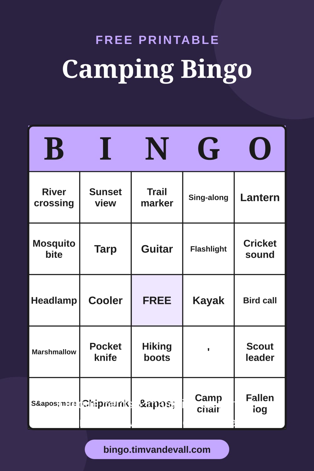 Sample free printable Camping Bingo card with a 5x5 grid and B-I-N-G-O header