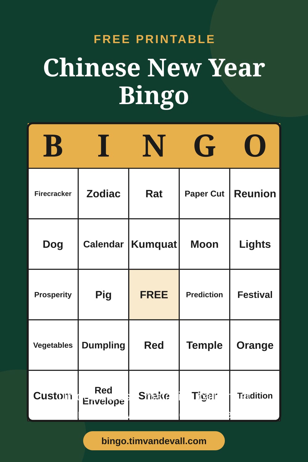 Sample free printable Chinese New Year Bingo card with a 5x5 grid and B-I-N-G-O header