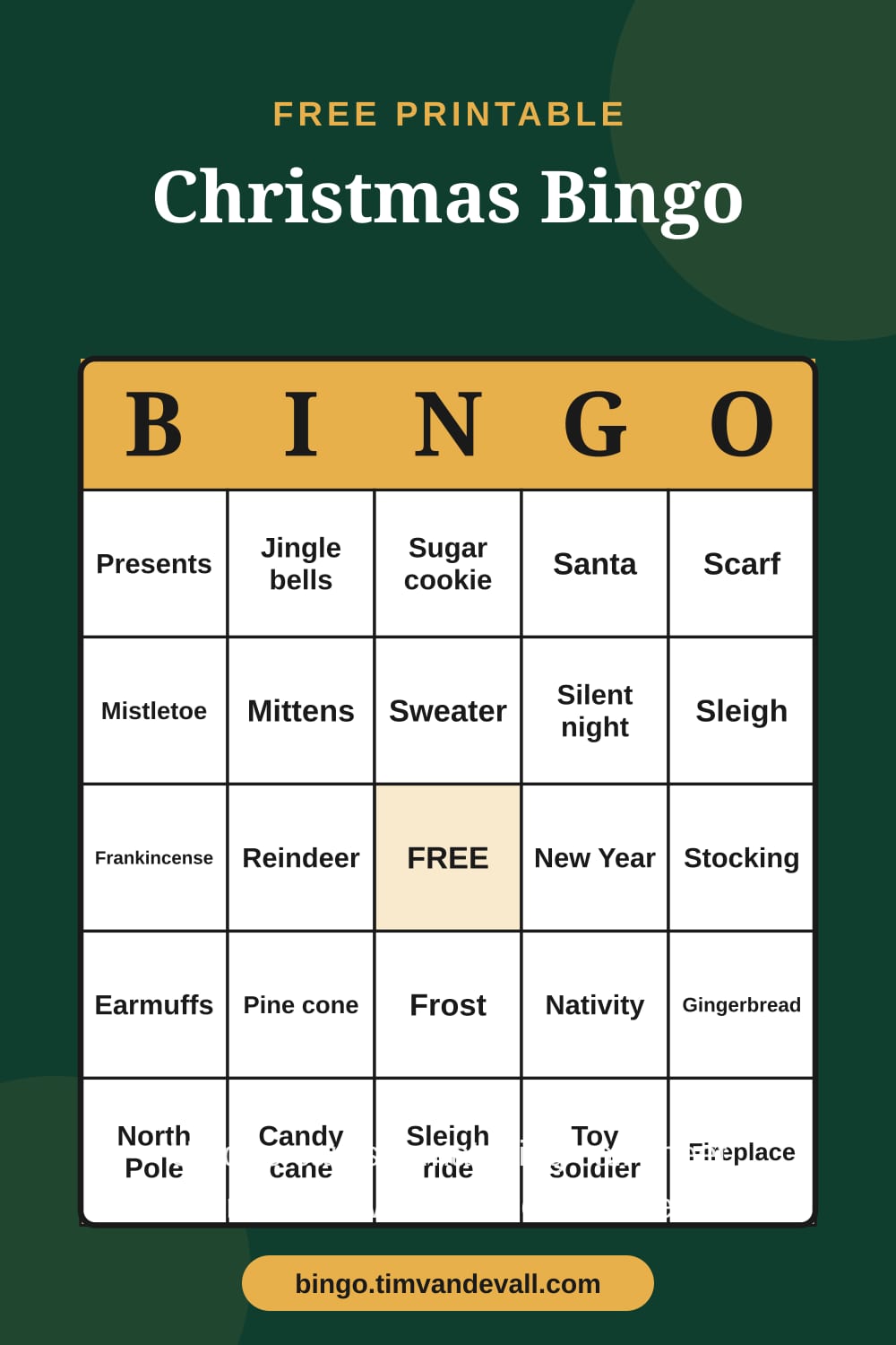Sample free printable Christmas Bingo card with a 5x5 grid and B-I-N-G-O header