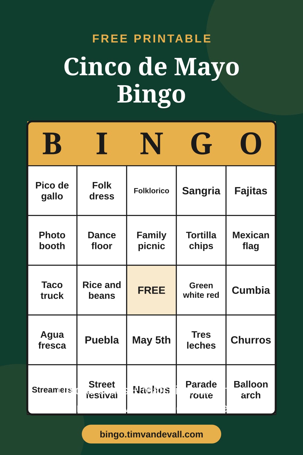 Sample free printable Cinco de Mayo Bingo card with a 5x5 grid and B-I-N-G-O header