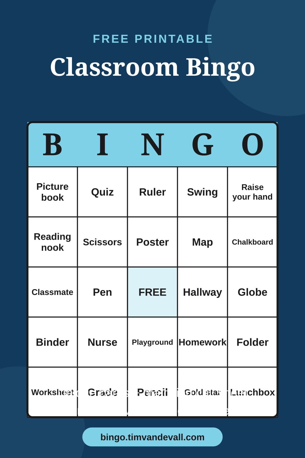 Sample free printable Classroom Bingo card with a 5x5 grid and B-I-N-G-O header