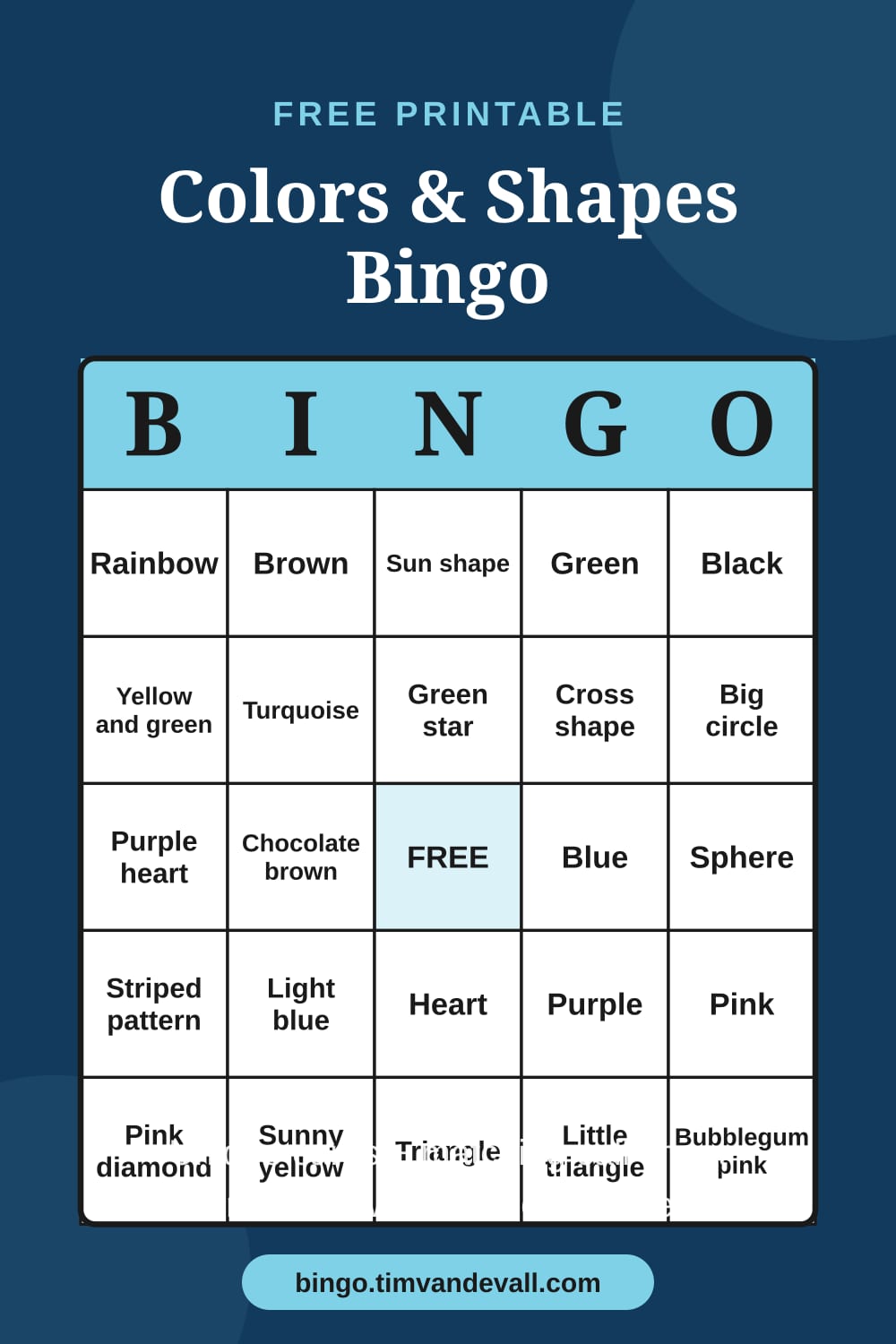 Sample free printable Colors and Shapes Bingo card with a 5x5 grid and B-I-N-G-O header