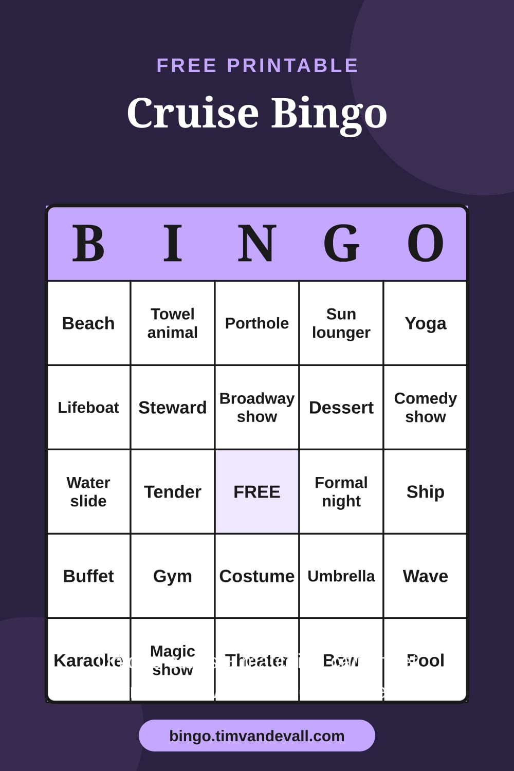 Sample free printable Cruise Bingo card with a 5x5 grid and B-I-N-G-O header
