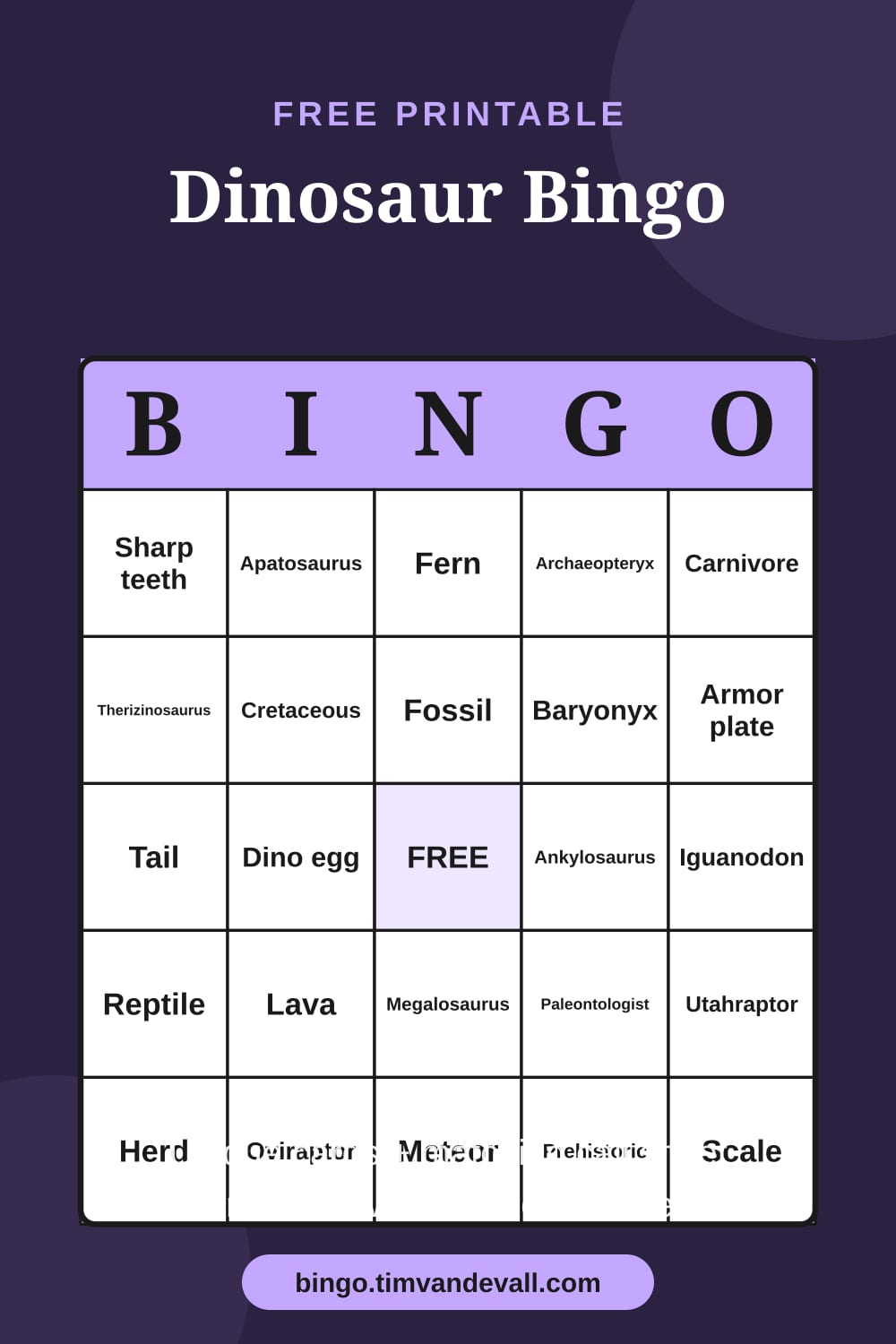 Sample free printable Dinosaur Bingo card with a 5x5 grid and B-I-N-G-O header