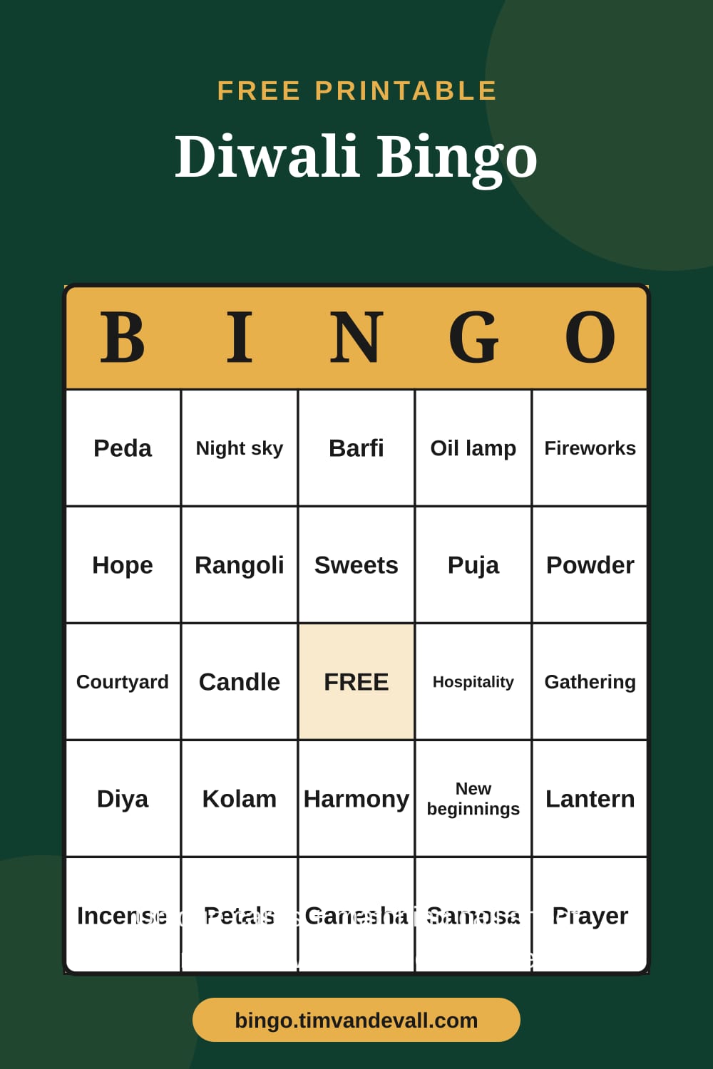 Sample free printable Diwali Bingo card with a 5x5 grid and B-I-N-G-O header