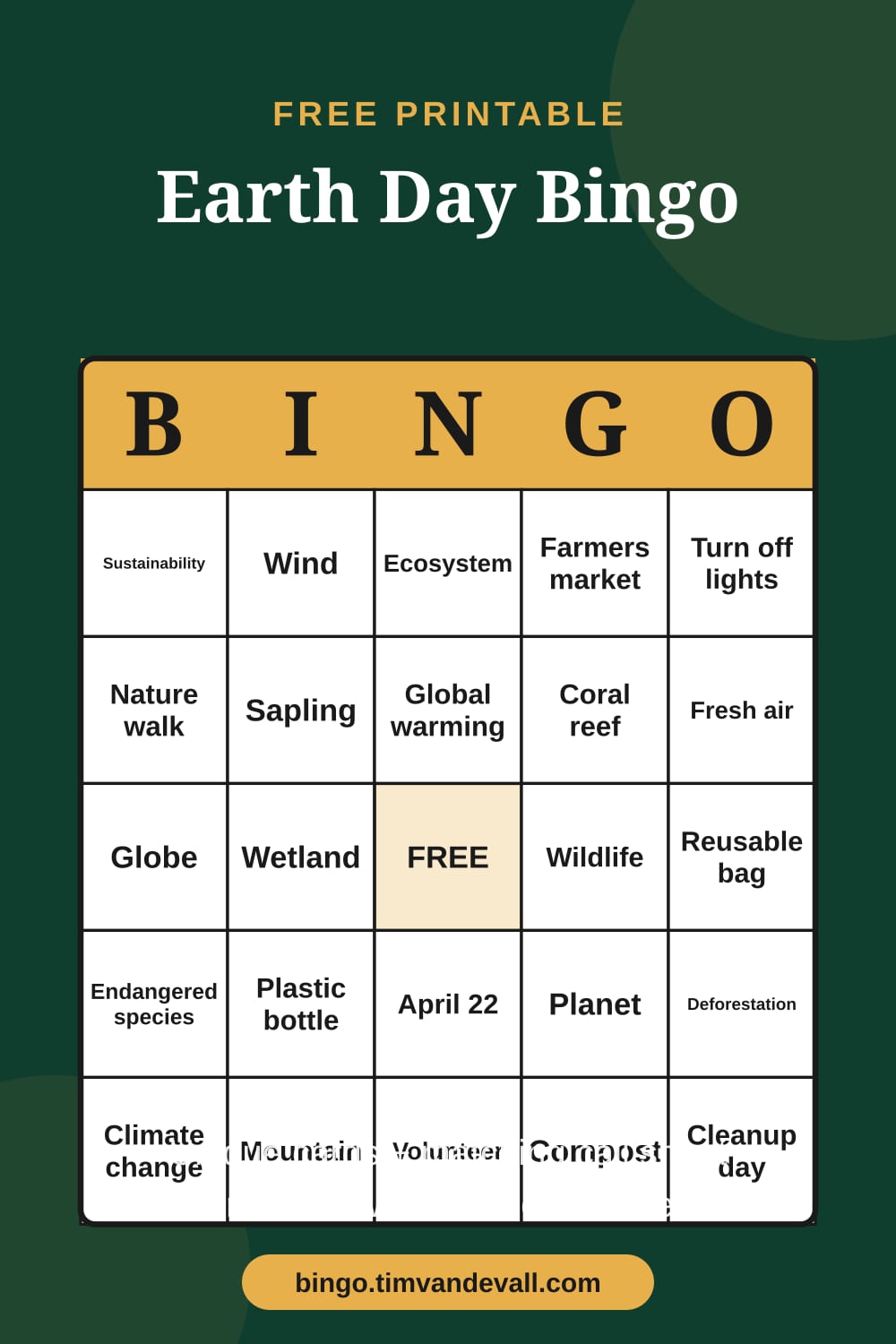 Sample free printable Earth Day Bingo card with a 5x5 grid and B-I-N-G-O header