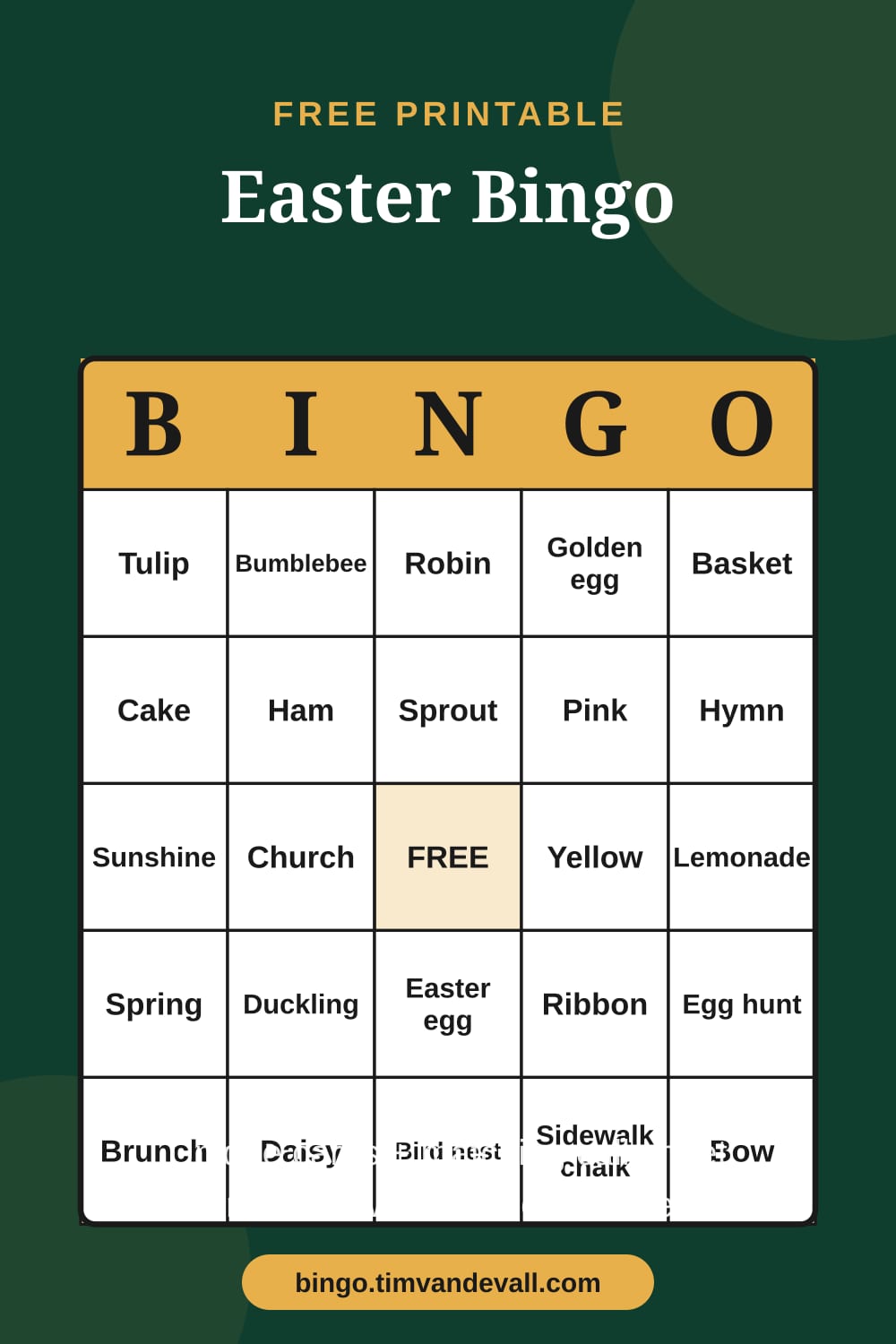 Sample free printable Easter Bingo card with a 5x5 grid and B-I-N-G-O header