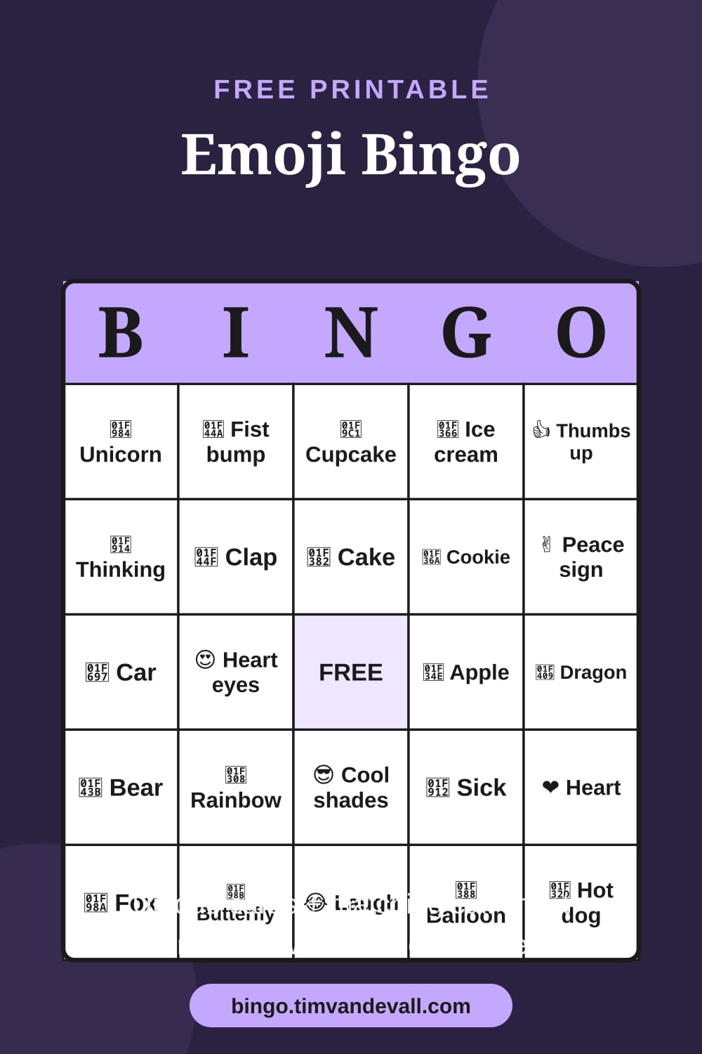 Sample free printable Emoji Bingo card with a 5x5 grid and B-I-N-G-O header