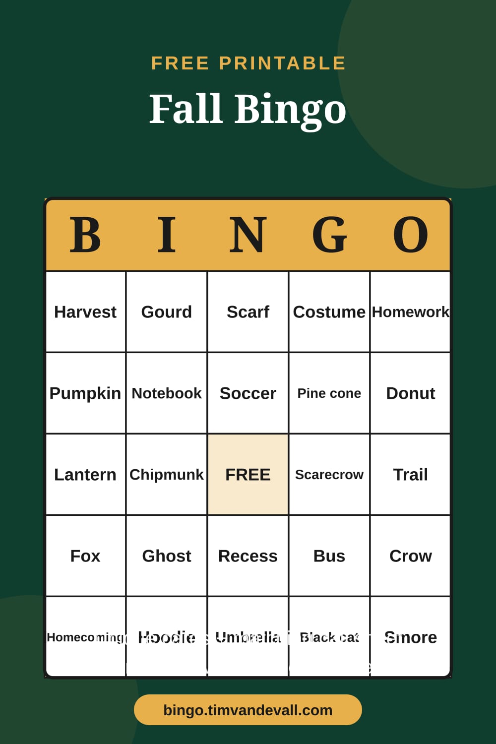 Sample free printable Fall Bingo card with a 5x5 grid and B-I-N-G-O header