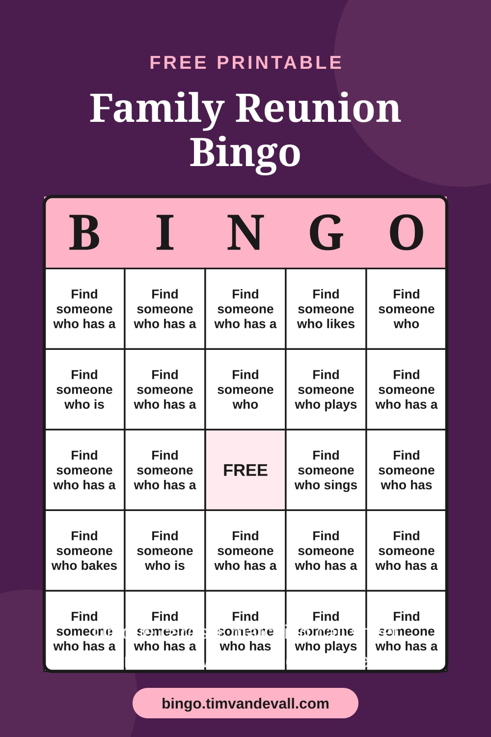 Sample free printable Family Reunion Bingo card with a 5x5 grid and B-I-N-G-O header