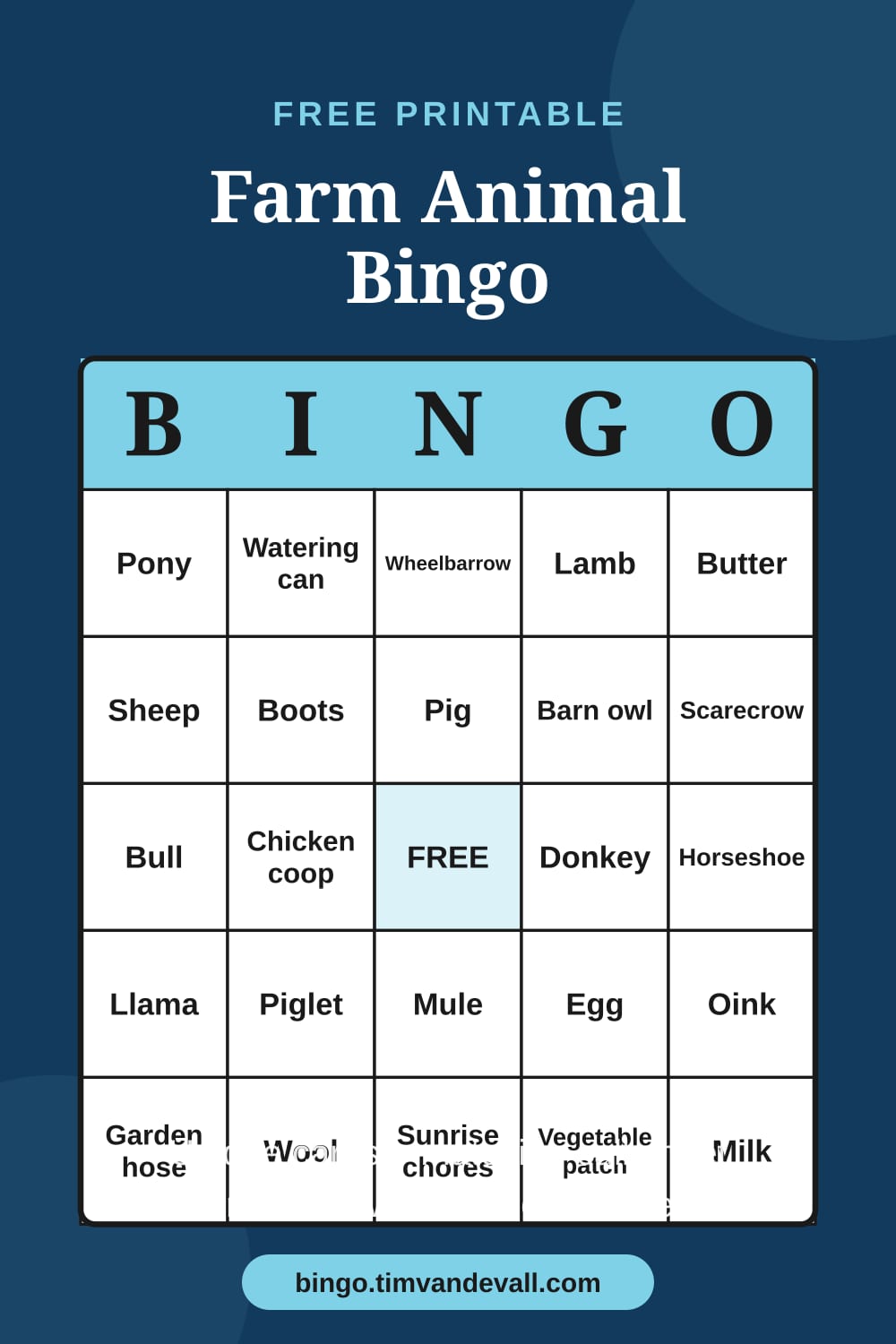 Sample free printable Farm Animal Bingo card with a 5x5 grid and B-I-N-G-O header
