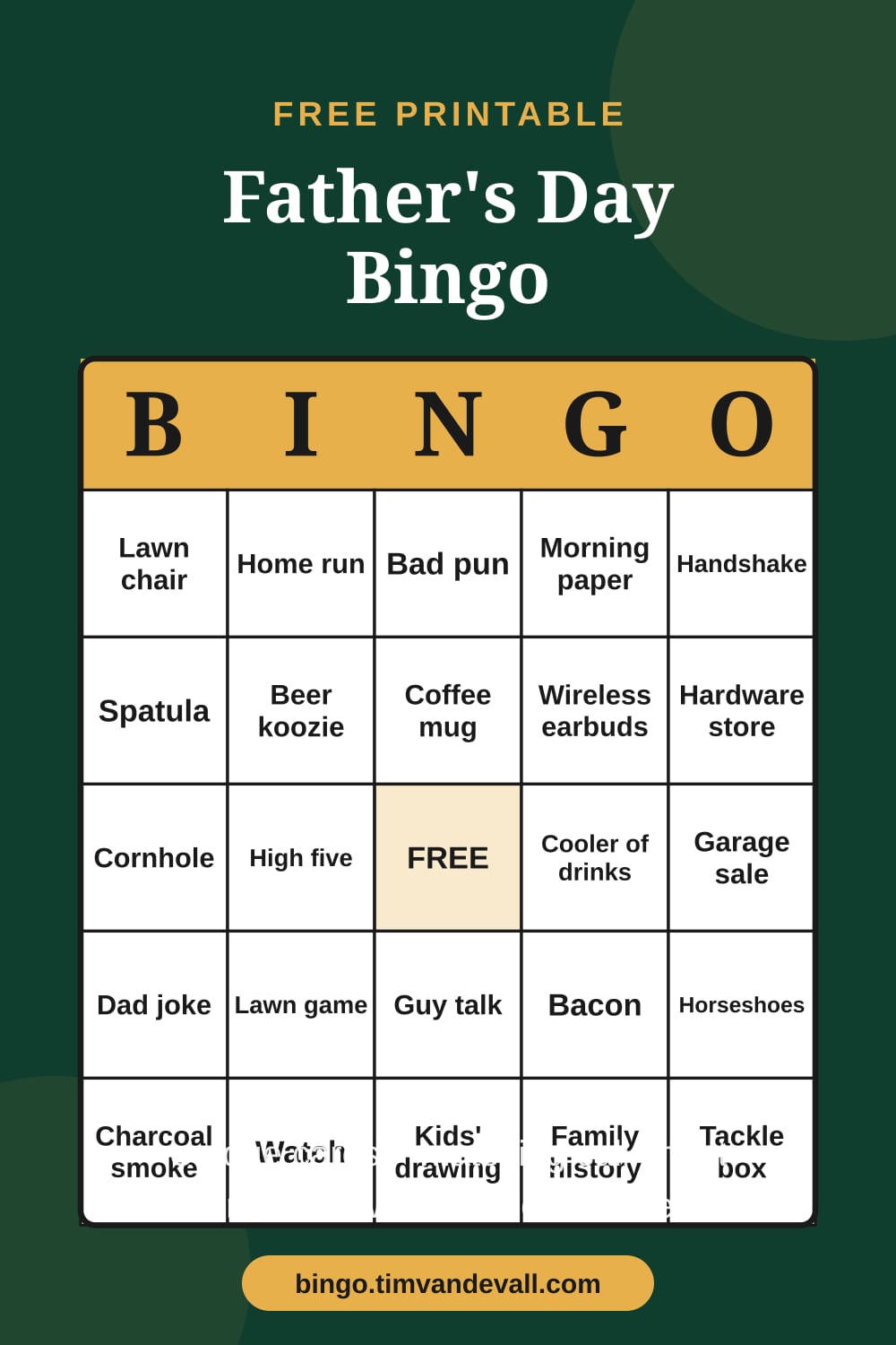 Sample free printable Father's Day Bingo card with a 5x5 grid and B-I-N-G-O header