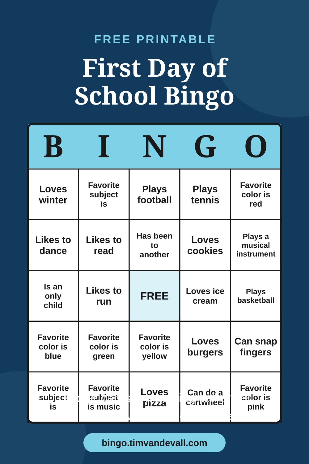 Sample free printable First Day of School Bingo card with a 5x5 grid and B-I-N-G-O header
