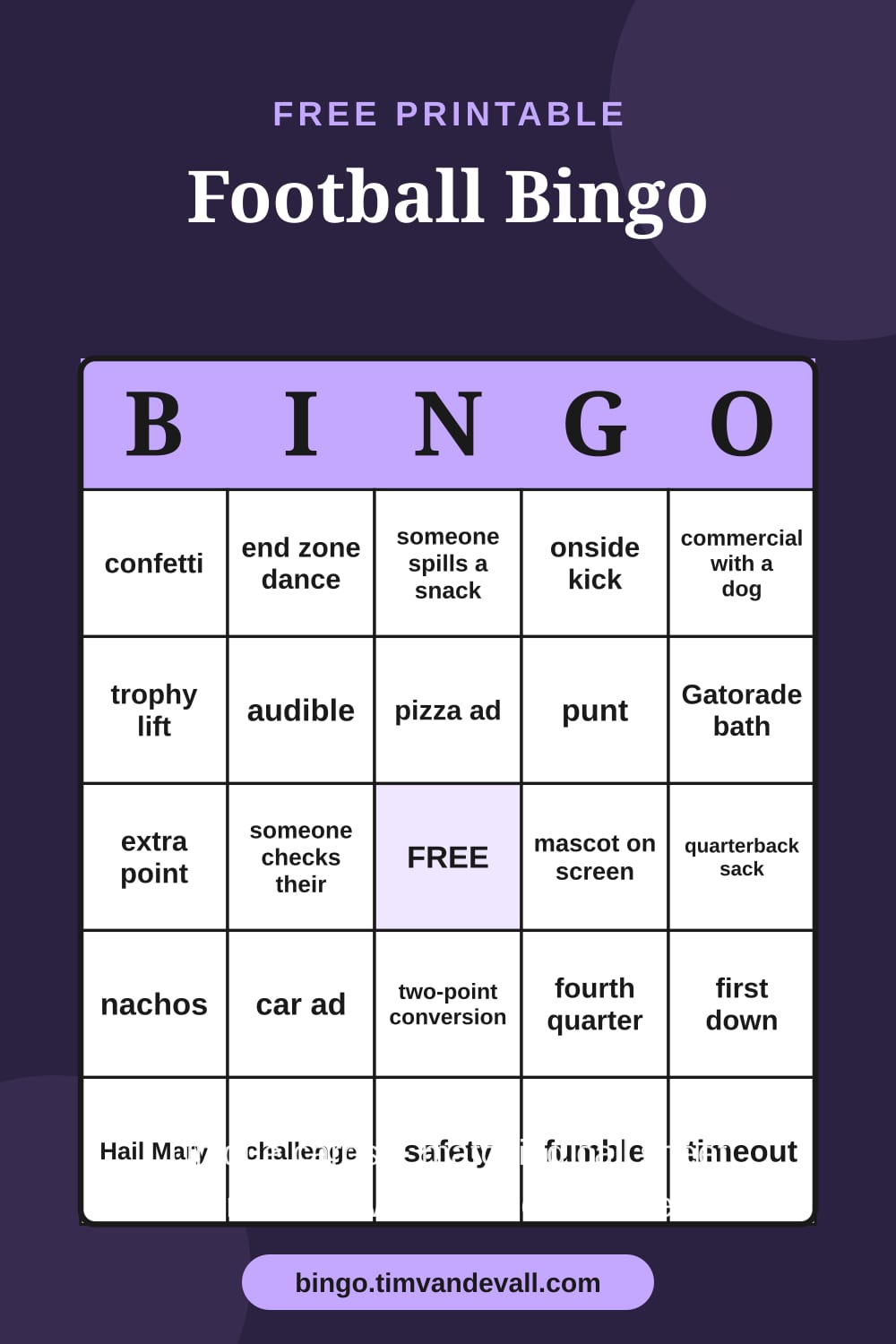Sample free printable Football Bingo card with a 5x5 grid and B-I-N-G-O header