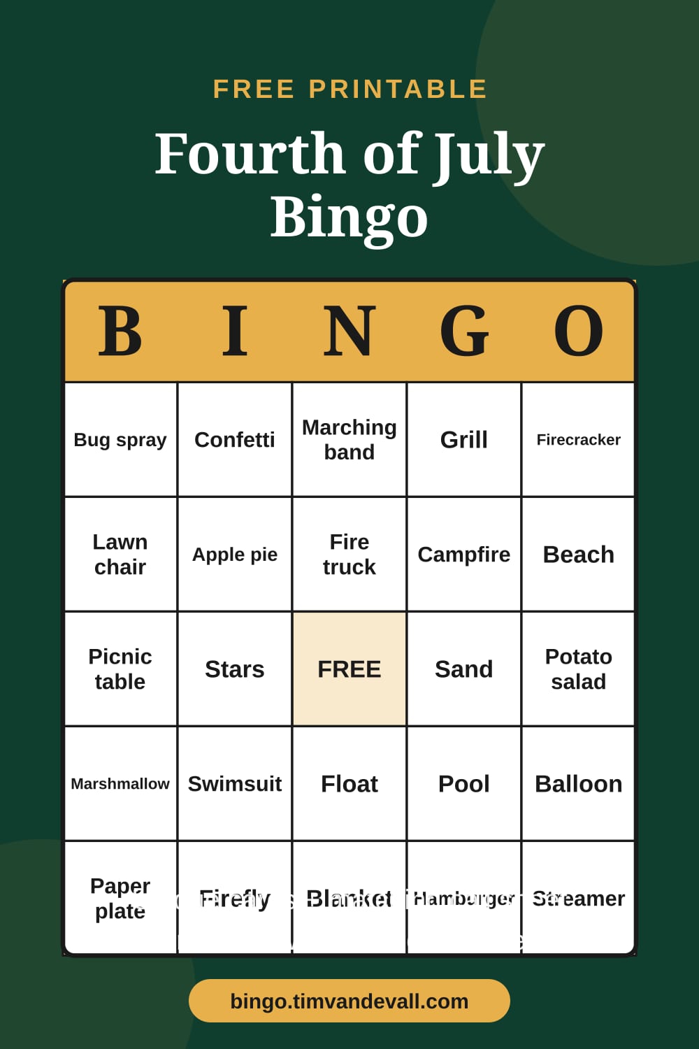 Sample free printable 4th of July Bingo card with a 5x5 grid and B-I-N-G-O header
