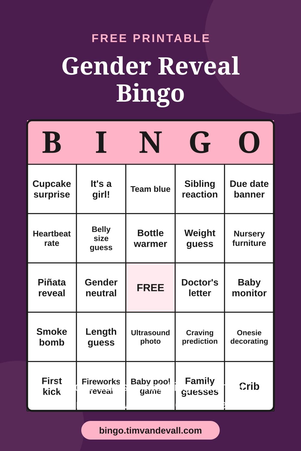 Sample free printable Gender Reveal Bingo card with a 5x5 grid and B-I-N-G-O header