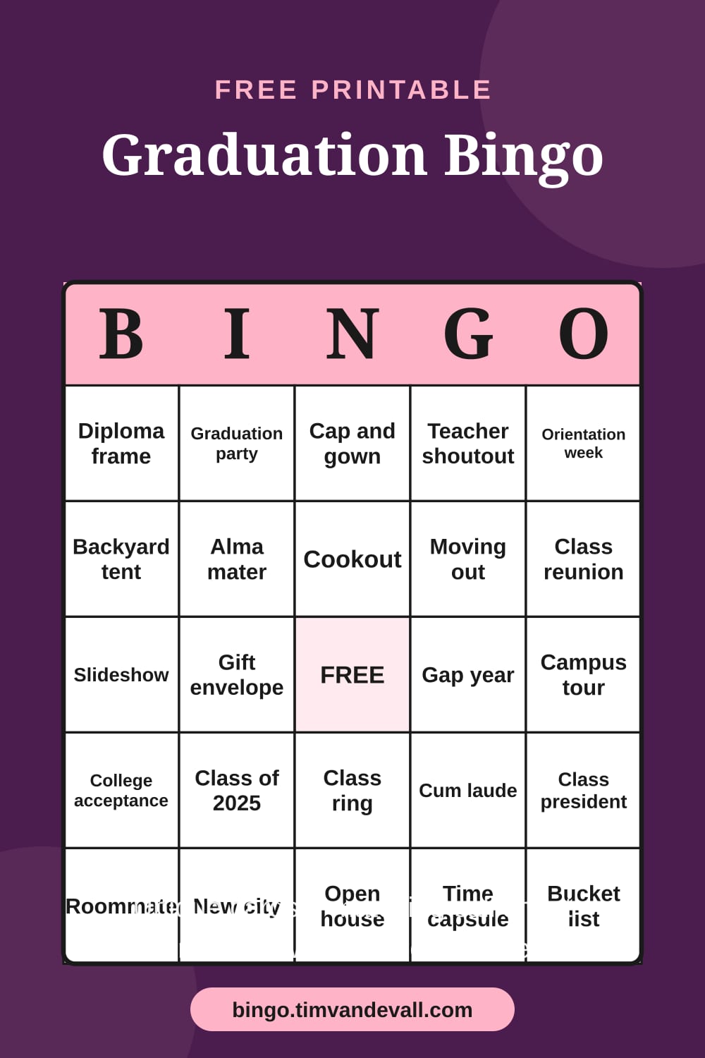 Sample free printable Graduation Bingo card with a 5x5 grid and B-I-N-G-O header