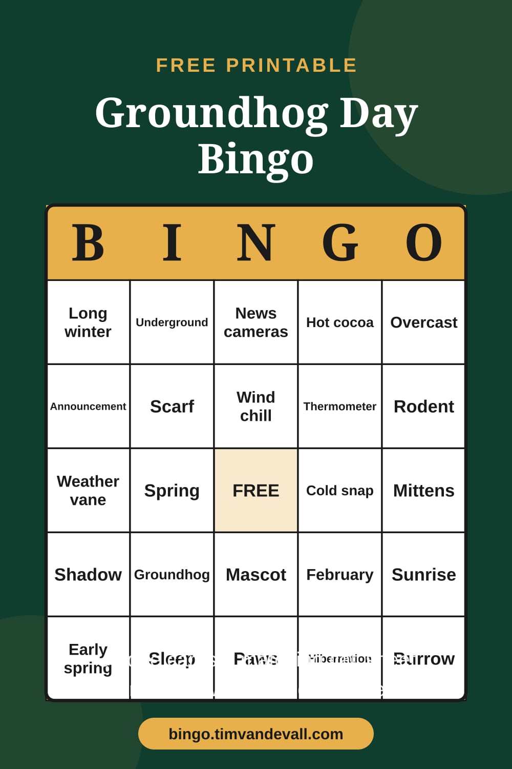 Sample free printable Groundhog Day Bingo card with a 5x5 grid and B-I-N-G-O header