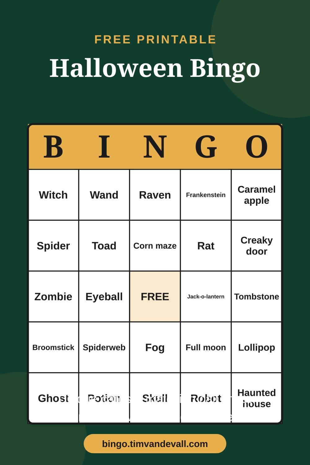 Sample free printable Halloween Bingo card with a 5x5 grid and B-I-N-G-O header