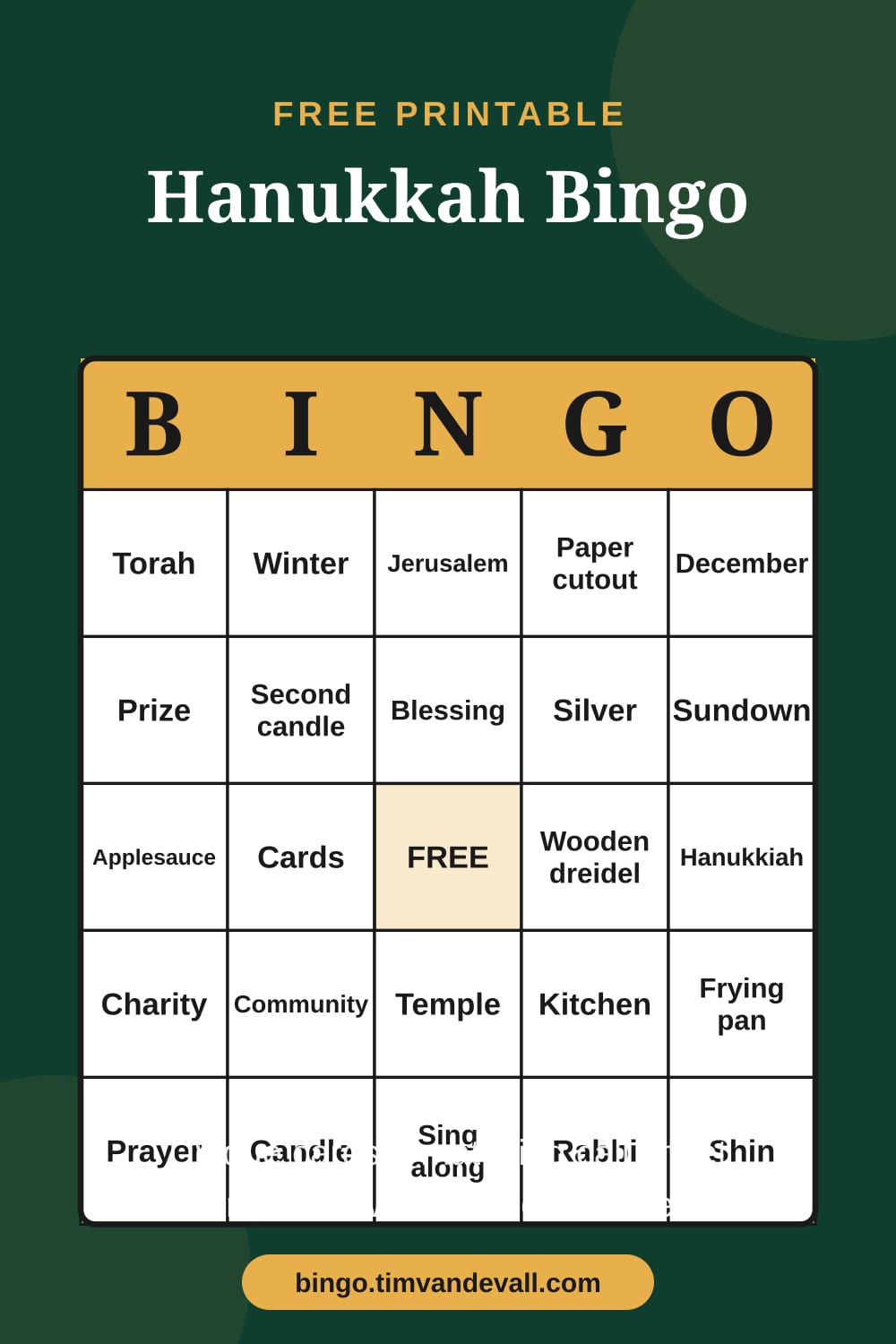 Sample free printable Hanukkah Bingo card with a 5x5 grid and B-I-N-G-O header