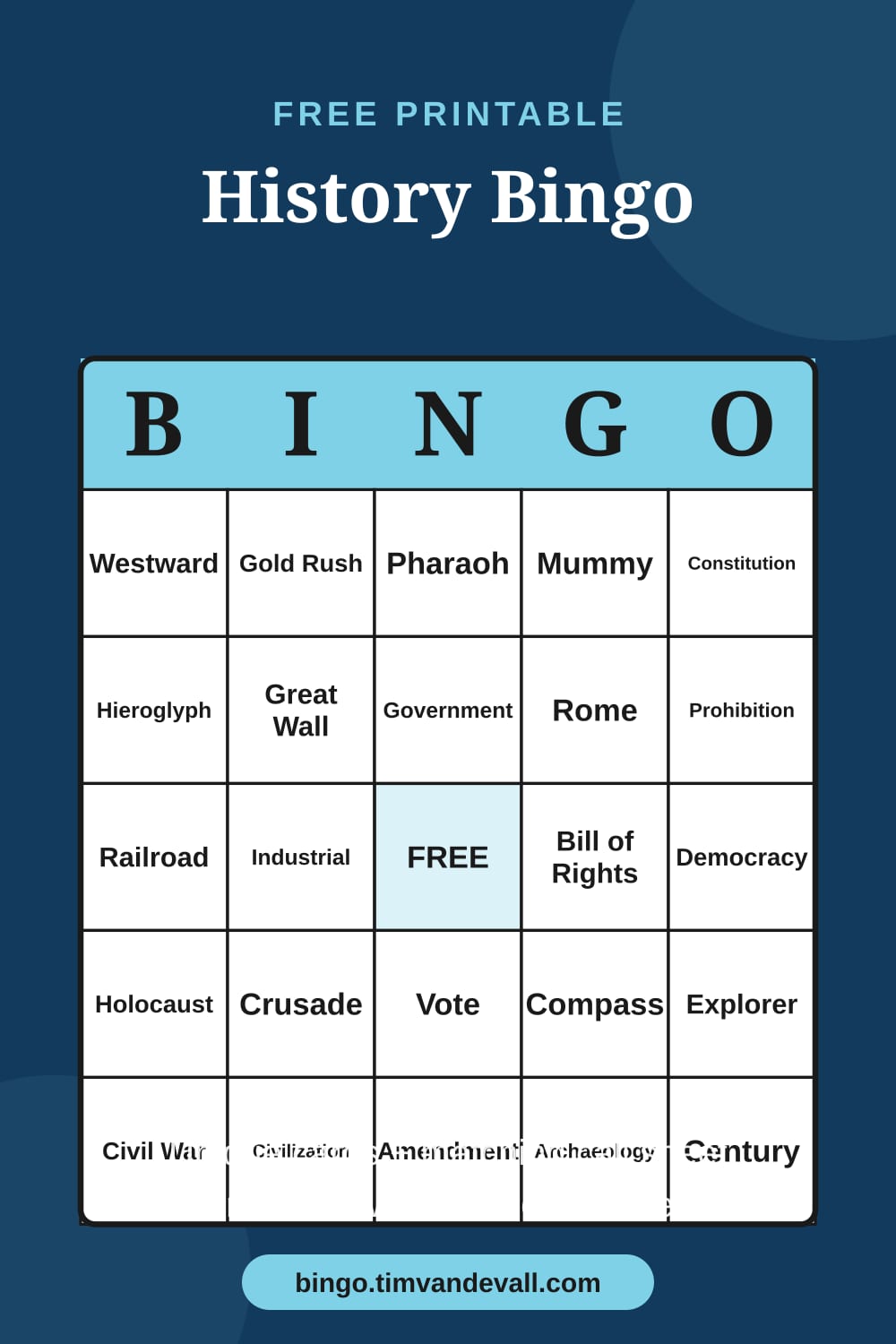 Sample free printable History Bingo card with a 5x5 grid and B-I-N-G-O header