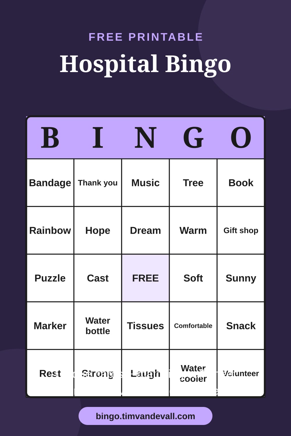 Sample free printable Hospital Bingo card with a 5x5 grid and B-I-N-G-O header