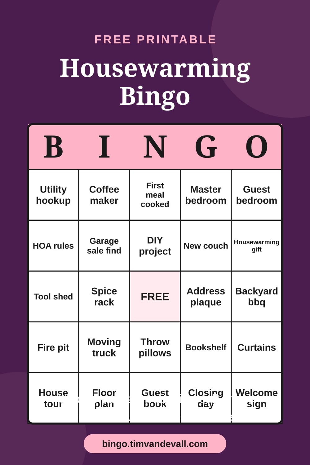 Sample free printable Housewarming Bingo card with a 5x5 grid and B-I-N-G-O header