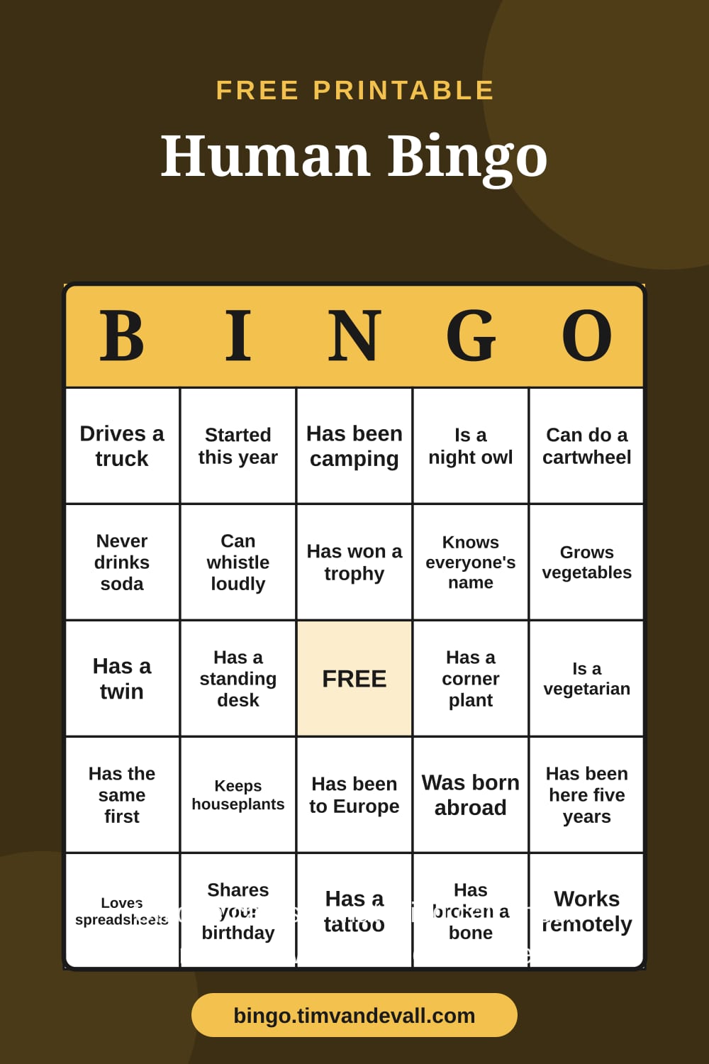Sample free printable Human Bingo Generator card with a 5x5 grid and B-I-N-G-O header