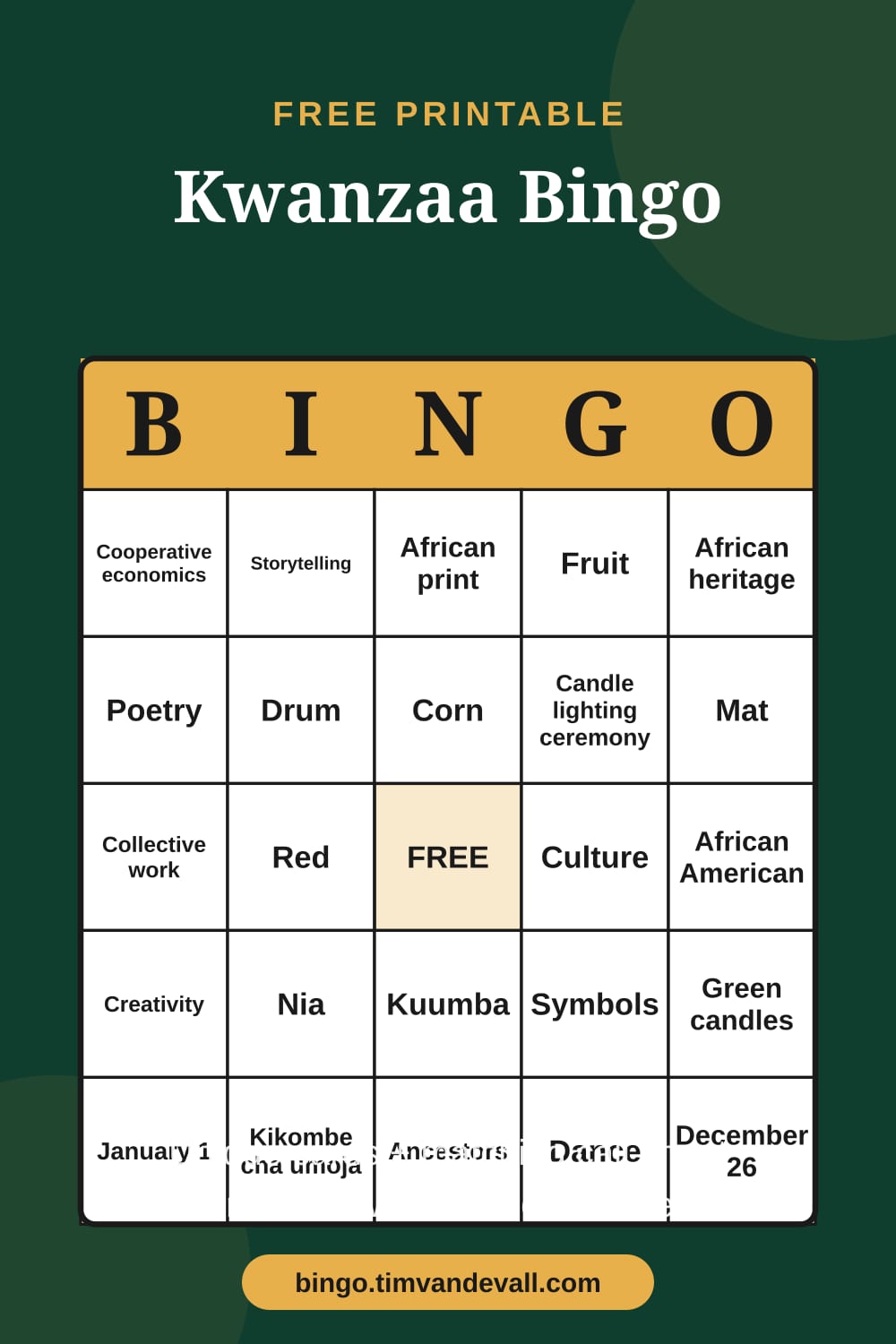 Sample free printable Kwanzaa Bingo card with a 5x5 grid and B-I-N-G-O header