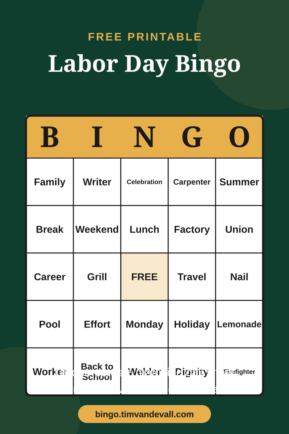 Sample free printable Labor Day Bingo card with a 5x5 grid and B-I-N-G-O header